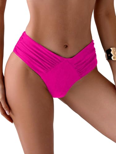 GORGLITTER Damen Bikini-Hose Hohe Taille Bikini Unterteil Sommer Gerafft Bikinishort Bikini-Bottom Strand Bikinislip Einfarbige Bikinishorts Bademode Heißes Pink L von GORGLITTER