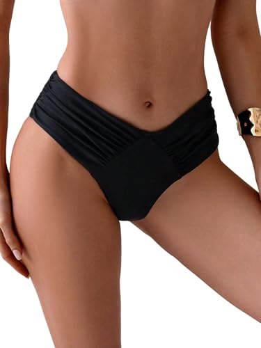 GORGLITTER Damen Bikini-Hose Hohe Taille Bikini Unterteil Sommer Gerafft Bikinishort Bikini-Bottom Strand Bikinislip Einfarbige Bikinishorts Bademode Schwarz M von GORGLITTER
