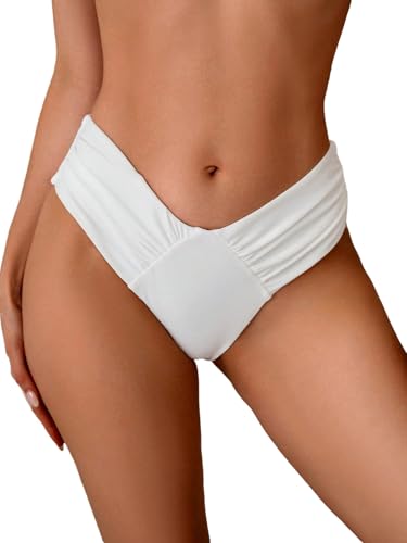 GORGLITTER Damen Bikini-Hose Hohe Taille Bikini Unterteil Sommer Gerafft Bikinishort Bikini-Bottom Strand Bikinislip Einfarbige Bikinishorts Bademode Weiß L von GORGLITTER