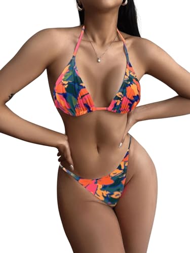 GORGLITTER Damen Bikini Mit Blumen Triangel Bikini Set Bunt Neckholder Bikini Zweiteiliger Badeanzug Bademode Grün und Rot M von GORGLITTER