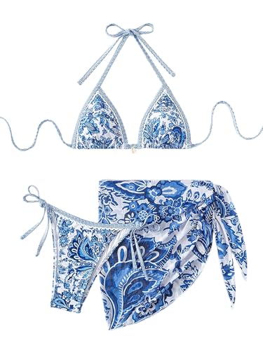 GORGLITTER Damen Bikini Set 3 Teilige Neckholder Triangle Bikini-Set Boho Badeanzug mit Cover Up Rock Swimsuits Hohe Taille Strandanzug Bademode Blau und Weiß XL von GORGLITTER