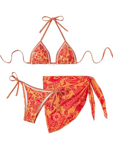 GORGLITTER Damen Bikini Set 3 Teilige Neckholder Triangle Bikini-Set Boho Badeanzug mit Cover Up Rock Swimsuits Hohe Taille Strandanzug Bademode Orange L von GORGLITTER