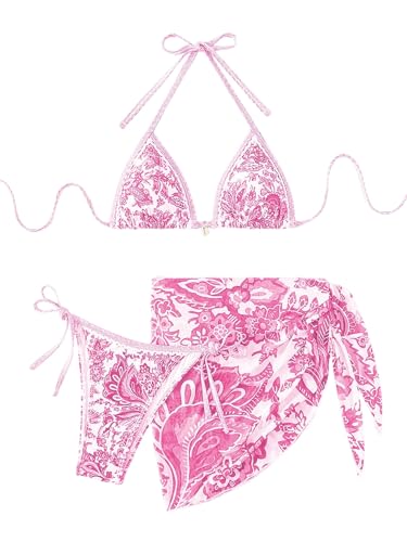 GORGLITTER Damen Bikini Set 3 Teilige Neckholder Triangle Bikini-Set Boho Badeanzug mit Cover Up Rock Swimsuits Hohe Taille Strandanzug Bademode Rosa L GORGLITTER Damen Bikini Set 3 Teilige Neckholder Triangle Bikini-Set Boho Badeanzug mit Cover Up Rock Swimsuits Hohe Taille Strandanzug Bademode Rosa L von GORGLITTER