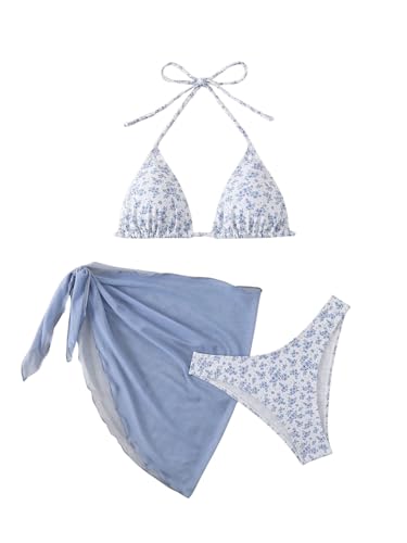 GORGLITTER Damen Bikini Set 3 Teiliger Bikini-Sets mit Blumenmuster Süß Neckholder Badeanzug mit Cover Up Rock Swimsuit Set Blau M von GORGLITTER
