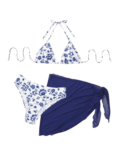 GORGLITTER Damen Bikini Set 3 Teiliger Bikini-Sets mit Blumenmuster Süß Neckholder Badeanzug mit Cover Up Rock Swimsuit Set Dunkelblau XS von GORGLITTER
