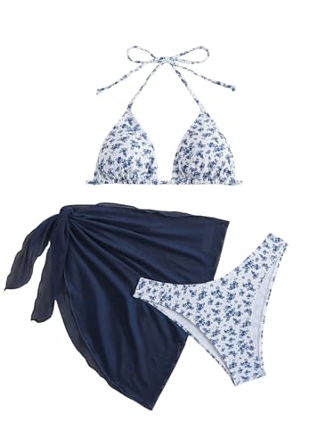 GORGLITTER Damen Bikini Set 3 Teiliger Bikini-Sets mit Blumenmuster Süß Neckholder Badeanzug mit Cover Up Rock Swimsuit Set Dunkelblau und Weiß S von GORGLITTER