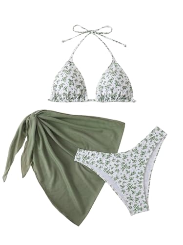 GORGLITTER Damen Bikini Set 3 Teiliger Bikini-Sets mit Blumenmuster Süß Neckholder Badeanzug mit Cover Up Rock Swimsuit Set Grün XL von GORGLITTER