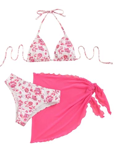 GORGLITTER Damen Bikini Set 3 Teiliger Bikini-Sets mit Blumenmuster Süß Neckholder Badeanzug mit Cover Up Rock Swimsuit Set Heißes Pink M GORGLITTER Damen Bikini Set 3 Teiliger Bikini-Sets mit Blumenmuster Süß Neckholder Badeanzug mit Cover Up Rock Swimsuit Set Heißes Pink M von GORGLITTER