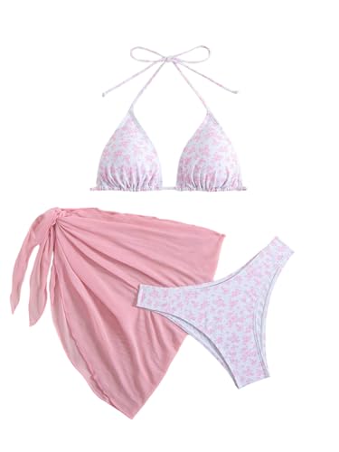 GORGLITTER Damen Bikini Set 3 Teiliger Bikini-Sets mit Blumenmuster Süß Neckholder Badeanzug mit Cover Up Rock Swimsuit Set Hell-Pink M GORGLITTER Damen Bikini Set 3 Teiliger Bikini-Sets mit Blumenmuster Süß Neckholder Badeanzug mit Cover Up Rock Swimsuit Set Hell-Pink M von GORGLITTER