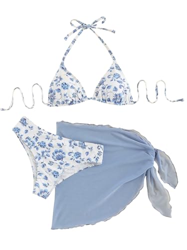 GORGLITTER Damen Bikini Set 3 Teiliger Bikini-Sets mit Blumenmuster Süß Neckholder Badeanzug mit Cover Up Rock Swimsuit Set Hellblau XS von GORGLITTER