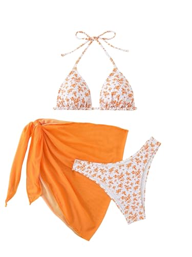 GORGLITTER Damen Bikini Set 3 Teiliger Bikini-Sets mit Blumenmuster Süß Neckholder Badeanzug mit Cover Up Rock Swimsuit Set Orange XL GORGLITTER Damen Bikini Set 3 Teiliger Bikini-Sets mit Blumenmuster Süß Neckholder Badeanzug mit Cover Up Rock Swimsuit Set Orange XL von GORGLITTER