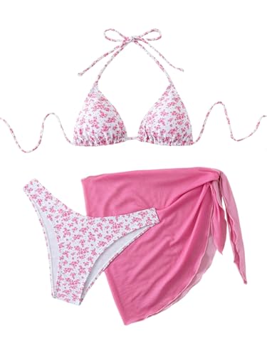 GORGLITTER Damen Bikini Set 3 Teiliger Bikini-Sets mit Blumenmuster Süß Neckholder Badeanzug mit Cover Up Rock Swimsuit Set Rosa S von GORGLITTER