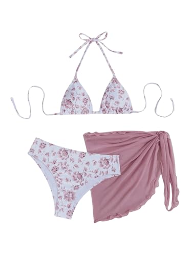 GORGLITTER Damen Bikini Set 3 Teiliger Bikini-Sets mit Blumenmuster Süß Neckholder Badeanzug mit Cover Up Rock Swimsuit Set Rostige Rose S von GORGLITTER