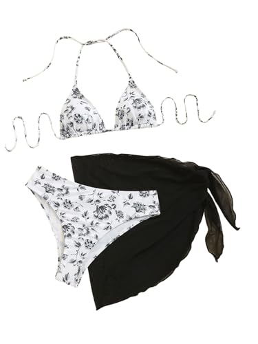 GORGLITTER Damen Bikini Set 3 Teiliger Bikini-Sets mit Blumenmuster Neckholder Badeanzug mit Cover Up Rock Swimsuit Set Schwarz und Weiß M von GORGLITTER