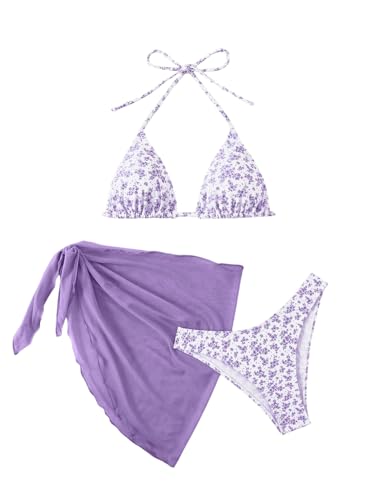GORGLITTER Damen Bikini Set 3 Teiliger Bikini-Sets mit Blumenmuster Süß Neckholder Badeanzug mit Cover Up Rock Swimsuit Set Violett S von GORGLITTER