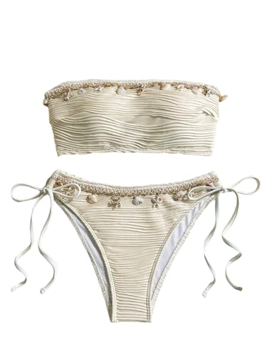 GORGLITTER Damen Bikini-Set Bandeau Bikini Set mit Muschelbanddekor Hohe Taille Bikinitanga Zweiteiliger Badeanzug Tube Swimsuits Sommer Bademode Aprikosenfarben XS von GORGLITTER