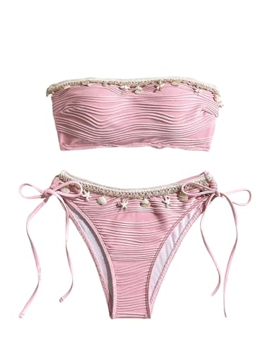 GORGLITTER Damen Bikini-Set Bandeau Bikini Set mit Muschelbanddekor Hohe Taille Bikinitanga Zweiteiliger Badeanzug Tube Swimsuits Sommer Bademode Rosa M von GORGLITTER