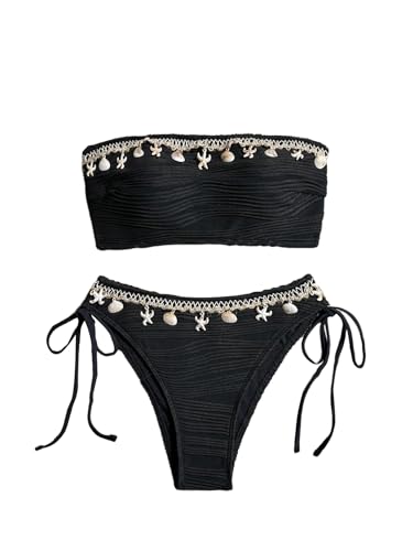 GORGLITTER Damen Bikini-Set Bandeau Bikini Set mit Muschelbanddekor Hohe Taille Bikinitanga Zweiteiliger Badeanzug Tube Swimsuits Sommer Bademode Schwarz XS von GORGLITTER