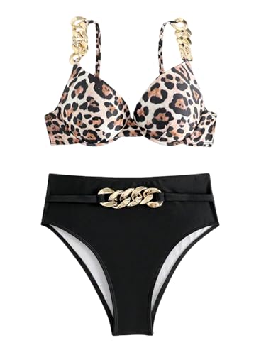 GORGLITTER Damen Bikini Set Bauchweg Leoparden Muster Bikinis Push Up Badeanzug Zweiteiliger Spaghettiträger Swimsuits Hohe Taille Bikinislip Bademode Leo XL von GORGLITTER