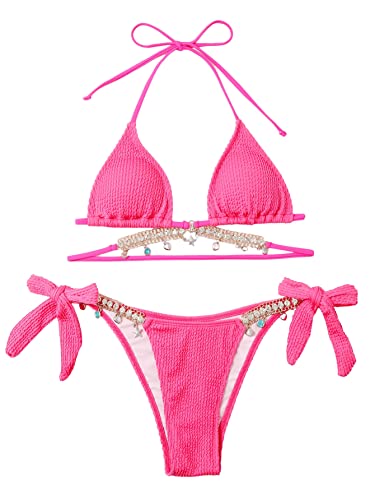 GORGLITTER Damen Bikini Set Bikini Mit Strass Triangel Badeanzug Zweiteiler Bikini Tanga Glitzer Bikini Heißes Pink L von GORGLITTER