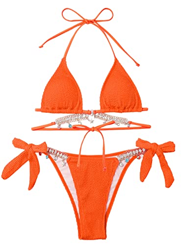 GORGLITTER Damen Bikini Set Bikini Mit Strass Triangel Badeanzug Zweiteiler Bikini Tanga Glitzer Bikini Orange L von GORGLITTER