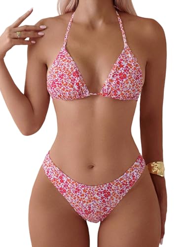 GORGLITTER Damen Bikini-Set Blümchen Muster Bikini Set Neckholder Triangle Bikinis Zweiteilige Badeanzug Hohe Taille Tangas Strand Swimsuits Urlaub Bademode Rosa L von GORGLITTER