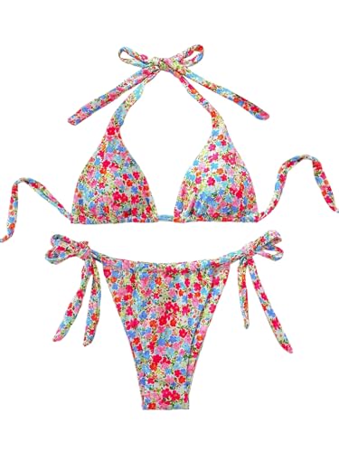 GORGLITTER Damen Bikini Set Blümchenmuster Bikinis Triangel Bikinioberteile Boho Badeanzug Tangas Zweiteiler Swimsuits Neckholder Bikini Bademode Rot L von GORGLITTER