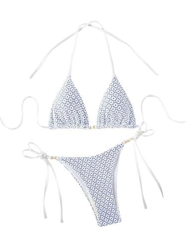 GORGLITTER Damen Bikini-Set Blümchenmuster Neckholder Bikini Set Zweiteiliger Swimsuits Boho Bikinis Triangle Badeanzug Strand Outfits Bademode Blau M von GORGLITTER