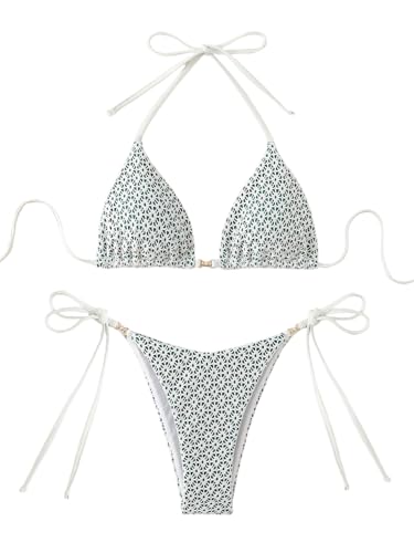 GORGLITTER Damen Bikini-Set Blümchenmuster Neckholder Bikini Set Zweiteiliger Swimsuits Boho Bikinis Triangle Badeanzug Strand Outfits Bademode Grün M von GORGLITTER