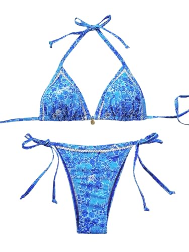 GORGLITTER Damen Bikini Set Blumenmuster Bikini Set mit Strandrock 3 teilig Badeanzug Neckholder Triangle Bikinioberteil Tangas Swimsuit Bademode Blau M von GORGLITTER