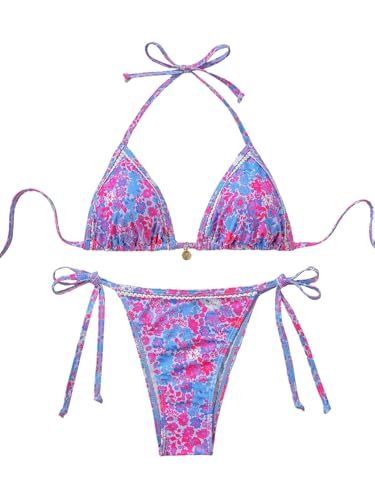 GORGLITTER Damen Bikini Set Blumenmuster Bikini Set mit Strandrock 3 teilig Badeanzug Neckholder Triangle Bikinioberteil Tangas Swimsuit Bademode Blau und Rosa L von GORGLITTER