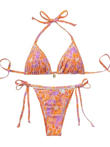 GORGLITTER Damen Bikini Set Blumenmuster Bikini Set mit Strandrock 3 teilig Badeanzug Neckholder Triangle Bikinioberteil Tangas Swimsuit Bademode Orange L von GORGLITTER
