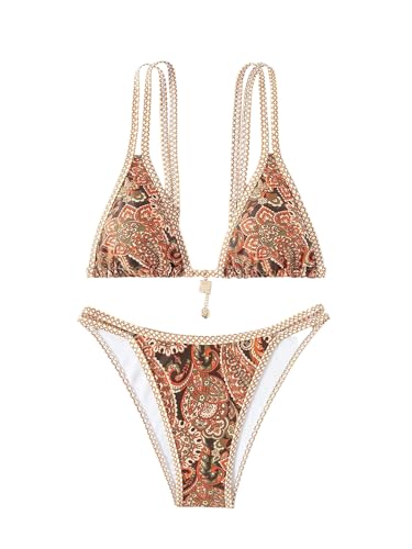 GORGLITTER Damen Bikini-Set Blumenmuster Bikinis Zweiteiliger Badeanzug Boho Swimsuits Urlaub Strandanzug Spaghettiträger Bikini Bademode Braun M von GORGLITTER