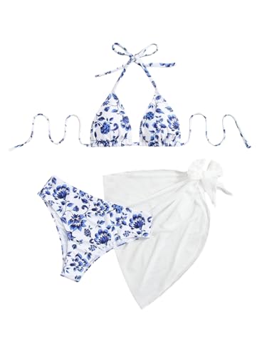 GORGLITTER Damen Bikini-Set Boho Bikinis Blumenmuster Badeanzug Neckholder Swimsuits mit Strandrock Strandanzug Urlaub Schwimmanzug Bademode Blau und Weiß M von GORGLITTER