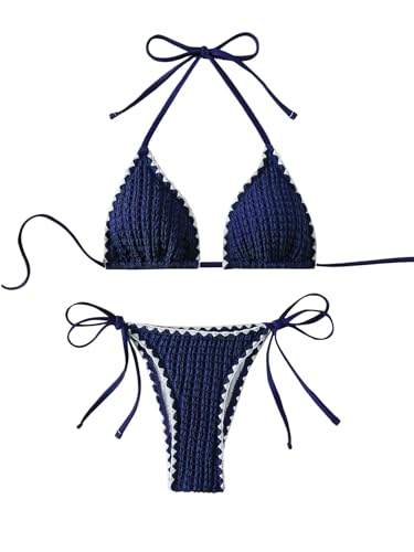 GORGLITTER Damen Bikini Set Boho Bikinis Neckholder Bikini Sets Zweiteiliger Badeanzug Triangle Bikinitop Hohe Taille Tanga Swimsuits Bademode Dunkelblau S von GORGLITTER