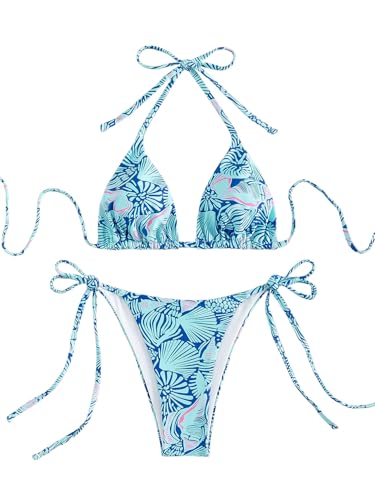 GORGLITTER Damen Bikini Set Boho Bikinis Neckholder Swimsuits Triangel Bikinitop Hohe Taille Tangas Zweiteiler Badeanzug Geblümt Strandmode Bademode Blau XS von GORGLITTER