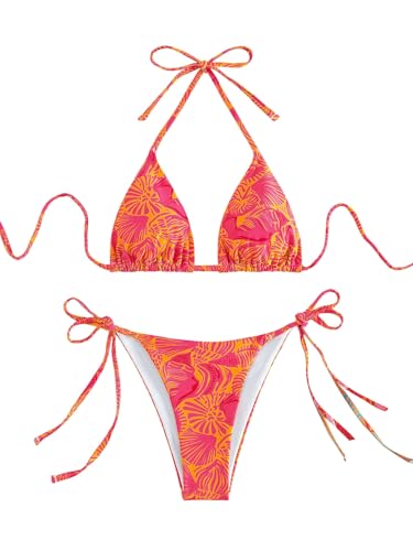 GORGLITTER Damen Bikini Set Boho Bikinis Neckholder Swimsuits Triangel Bikinitop Hohe Taille Tangas Zweiteiler Badeanzug Geblümt Strandmode Bademode Orange S von GORGLITTER