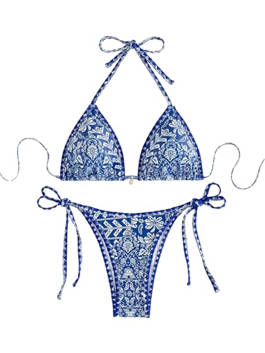 GORGLITTER Damen Bikini Set Boho Swimsuits Paisleymuster Strandanzug Neckholder Bikinis Zweiteiliger Badeanzug Hohe Taille Schwimmanzug Bademode Blau M von GORGLITTER