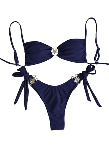 GORGLITTER Damen Bikini-Set Elegant Bikinis Zweiteiler Badeanzug Spaghettiträger Bikinitop Boho Swimsuits Strand Schwimmanzug Strandmode Bademode Blau S von GORGLITTER