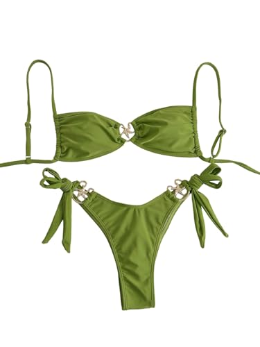 GORGLITTER Damen Bikini-Set Elegant Bikinis Zweiteiler Badeanzug Spaghettiträger Bikinitop Boho Swimsuits Strand Schwimmanzug Strandmode Bademode Grün M von GORGLITTER