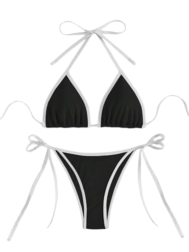 GORGLITTER Damen Bikini Set Farbblock Bikini-Set Neckholder Bikinis 2 Teiler Badeanzug Hohe Taille Swimsuits Strandoutfit Bademode Schwarz M von GORGLITTER