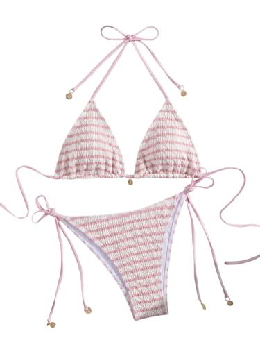 GORGLITTER Damen Bikini Set Gestreifte Bikinis Neckholer Schwimmanzug Farbblock Strandanzug Zweiteilger Badeanzug Boho Swimsuits Strandmode Bademode Hell-Pink XS von GORGLITTER