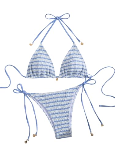 GORGLITTER Damen Bikini Set Gestreifte Bikinis Neckholer Schwimmanzug Farbblock Strandanzug Zweiteilger Badeanzug Boho Swimsuits Strandmode Bademode Hellblau M von GORGLITTER
