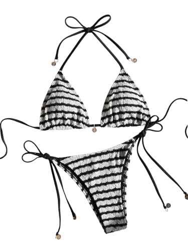 GORGLITTER Damen Bikini Set Gestreifte Bikinis Neckholer Schwimmanzug Farbblock Strandanzug Zweiteilger Badeanzug Boho Swimsuits Strandmode Bademode Schwarz und Weiß XS von GORGLITTER