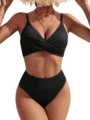 GORGLITTER Damen Bikini Set Klassic Badeanzug Wickel Strandmode Hohe Taille Bademode Einfarbig Swimmsuit Sets Schwarz S von GORGLITTER