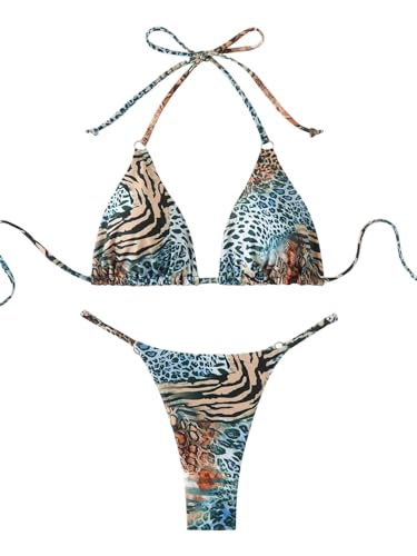 GORGLITTER Damen Bikini-Set Leopardenmuster Badeanzug Neckholder Bikini Triangle Bikinis mit Tanga Zweiteilige Swimsuits mit Knoten Bademode Grün S von GORGLITTER
