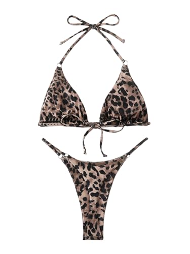 GORGLITTER Damen Bikini-Set Leopardenmuster Badeanzug Neckholder Bikini Triangle Bikinis mit Tanga Zweiteilige Swimsuits mit Knoten Bademode Leo L von GORGLITTER