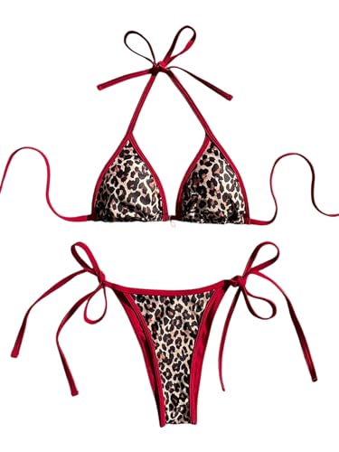 GORGLITTER Damen Bikini-Set Leopardenmuster Bikini Set Neckholder Bikinis Zweiteiliger Badeanzug Farbblock Tanga Triangle Swimsuits Strandmode Bademode Leo M von GORGLITTER