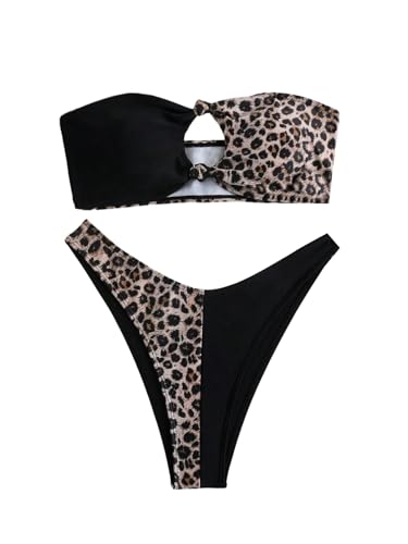 GORGLITTER Damen Bikini Set Leopardenmuster Farbblock Bikini-Set Bandeau Bikinis mit Cut Out Zweiteiler Badeanzug Strand Trägerlos Swimsuits Bademode Leo L von GORGLITTER