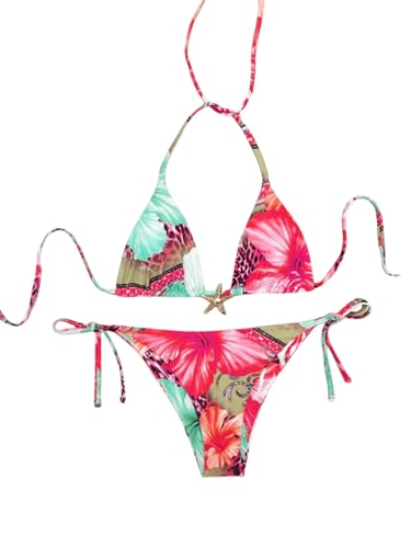 GORGLITTER Damen Bikini-Set Leoprint Blumenmuster Neckholder Bikini mit Tanga Sets Boho Swimsuits Zweiteiler Bikinis Urlaub Strandanzug Bademode Heißes Pink L von GORGLITTER